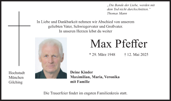 Todesanzeige von Max Pfeffer von merkurtz