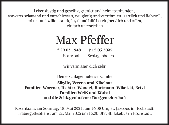 Todesanzeige von Max Pfeffer von merkurtz