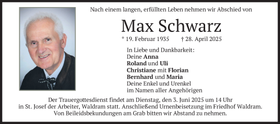 Todesanzeige von Max Schwarz von merkurtz