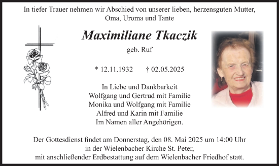 Todesanzeige von Maximiliane Tkaczik von merkurtz