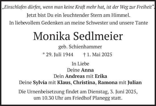 Todesanzeige von Monika Sedlmeier von merkurtz