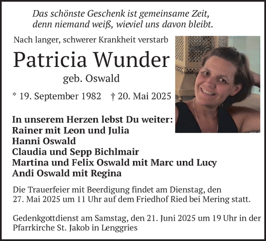 Todesanzeige von Patricia Wunder von merkurtz
