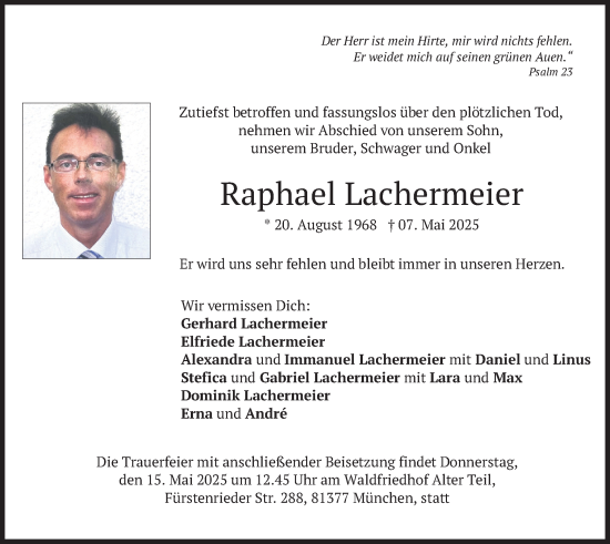 Todesanzeige von Raphael Lachermeier von merkurtz