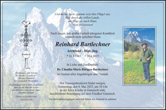 Todesanzeige von Reinhard Bartlechner von merkurtz