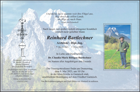 Todesanzeige von Reinhard Bartlechner von merkurtz