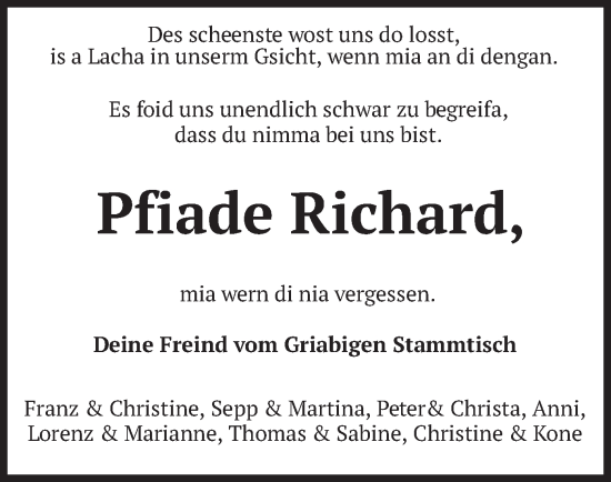 Todesanzeige von Richard  von merkurtz