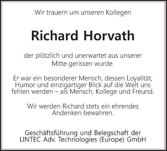 Todesanzeige von Richard Horvath von merkurtz