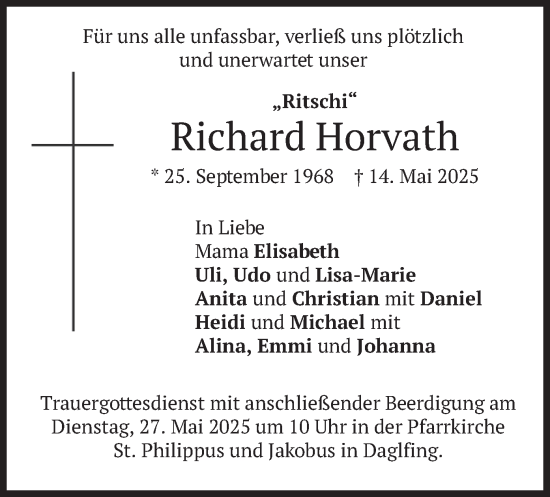 Todesanzeige von Richard Horvath von merkurtz