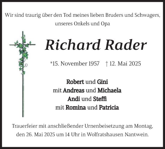 Todesanzeige von Richard Rader von merkurtz