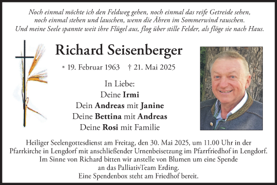 Todesanzeige von Richard Seisenberger von merkurtz