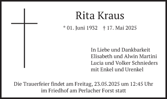 Todesanzeige von Rita Kraus von merkurtz