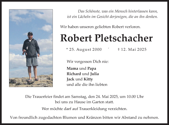 Todesanzeige von Robert Pletschacher von merkurtz