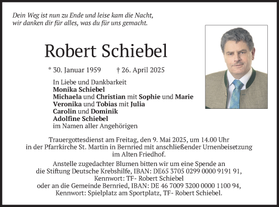 Todesanzeige von Robert Schiebel von merkurtz