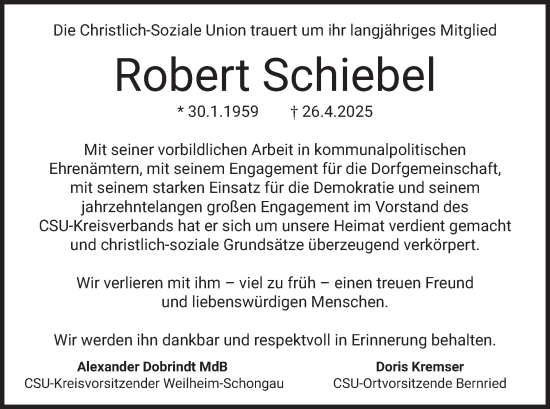 Todesanzeige von Robert Schiebel von merkurtz