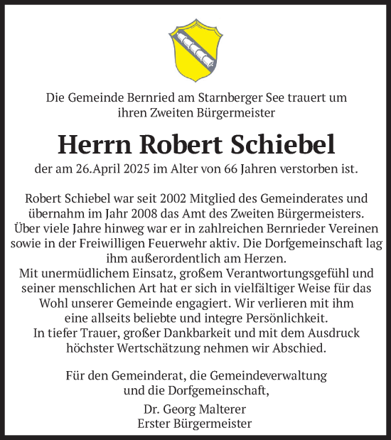 Todesanzeige von Robert Schiebel von merkurtz