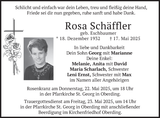 Todesanzeige von Rosa Schäffler von merkurtz