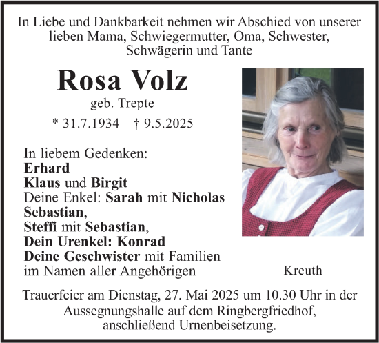 Todesanzeige von Rosa Volz von merkurtz