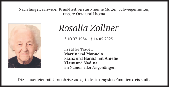 Todesanzeige von Rosalia Zollner von merkurtz