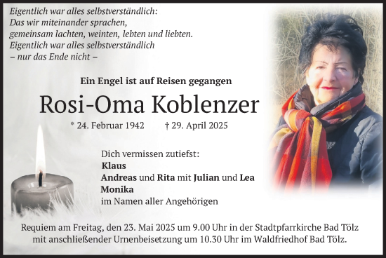Todesanzeige von Rosi-Oma Koblenzer von merkurtz