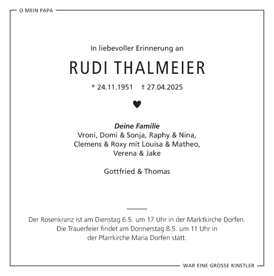 Todesanzeige von Rudi Thalmeier von merkurtz