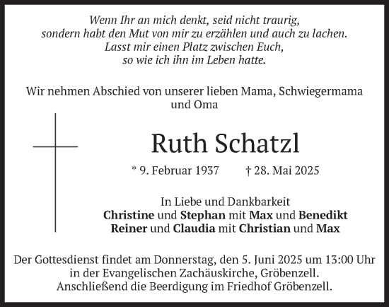 Todesanzeige von Ruth Schatzl von merkurtz