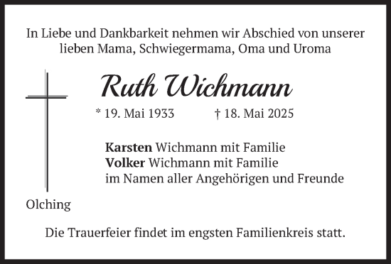 Todesanzeige von Ruth Wichmann von merkurtz
