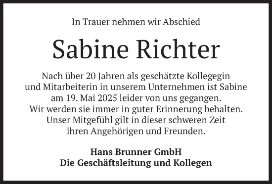 Todesanzeige von Sabine Richter von merkurtz