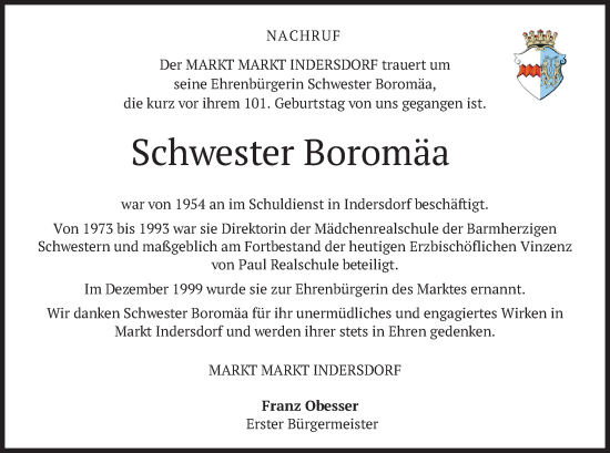 Todesanzeige von Schwester Boromäa von merkurtz
