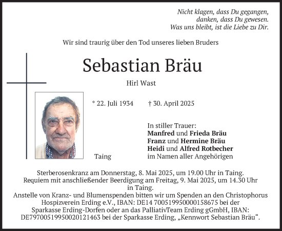 Todesanzeige von Sebastian Bräu von merkurtz