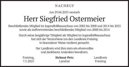 Todesanzeige von Siegfried Ostermeier von merkurtz