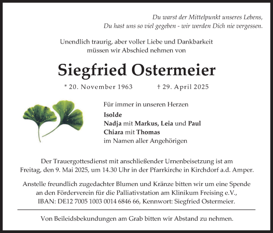 Todesanzeige von Siegfried Ostermeier von merkurtz