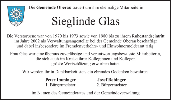 Todesanzeige von Sieglinde Glas von merkurtz