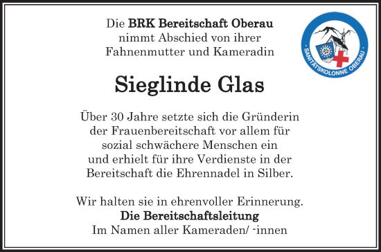 Todesanzeige von Sieglinde Glas von merkurtz