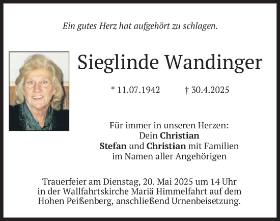 Todesanzeige von Sieglinde Wandinger von merkurtz