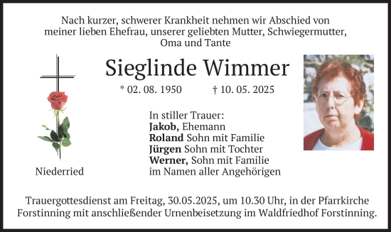 Todesanzeige von Sieglinde Wimmer von merkurtz