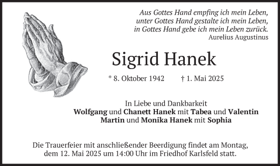 Todesanzeige von Sigrid Hanek von merkurtz