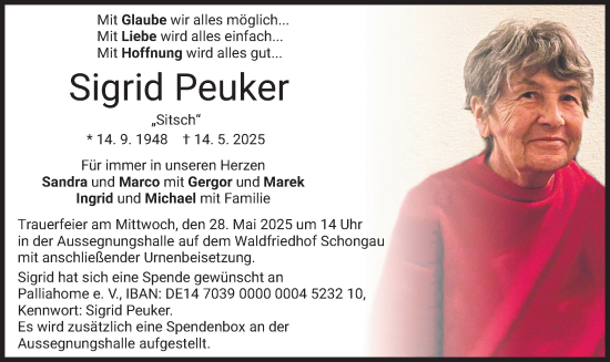Todesanzeige von Sigrid Peuker von merkurtz