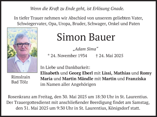 Todesanzeige von Simon Bauer von merkurtz