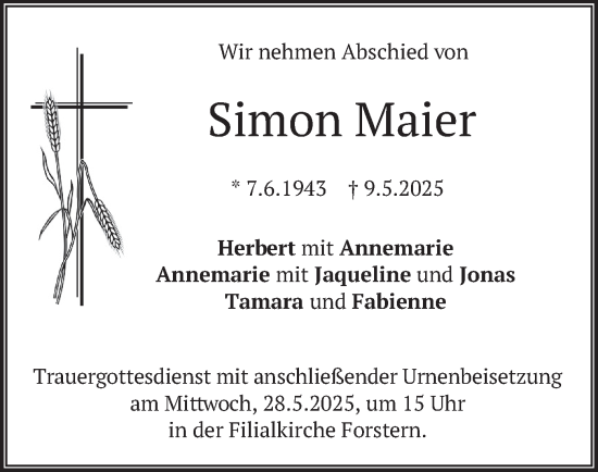 Todesanzeige von Simon Maier von merkurtz