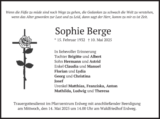 Todesanzeige von Sophie Berge von merkurtz