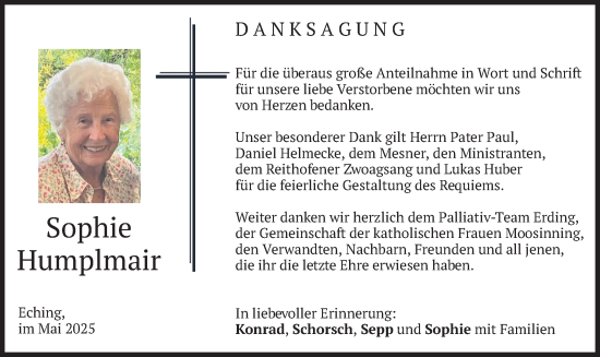 Todesanzeige von Sophie  Humplmair von merkurtz