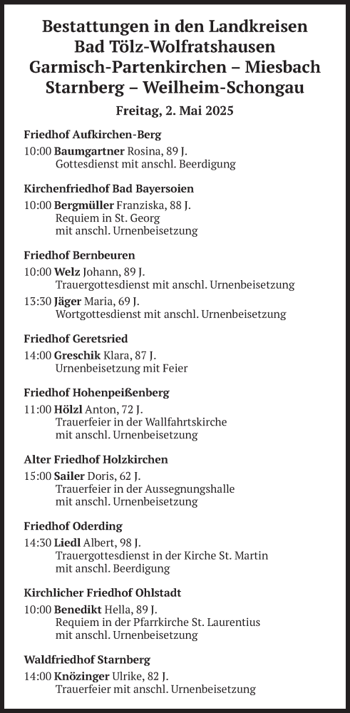 Todesanzeige von Sterbetafel vom 02.05.2025 von merkurtz