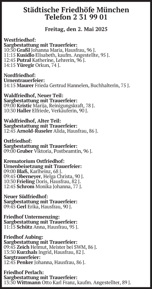 Todesanzeige von Sterbetafel vom 02.05.2025 von merkurtz