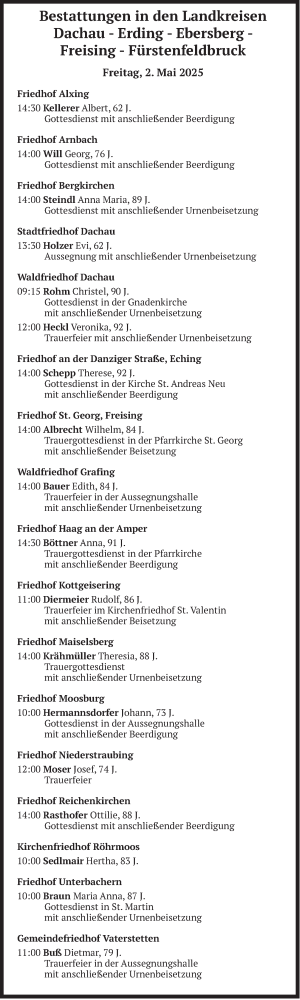 Todesanzeige von Sterbetafel vom 02.05.2025 von merkurtz