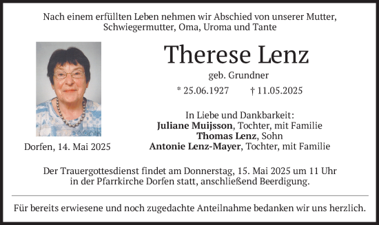 Todesanzeige von Therese Lenz von merkurtz