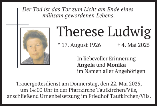 Todesanzeige von Therese Ludwig von merkurtz
