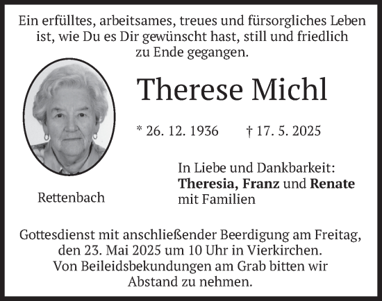 Todesanzeige von Therese Michl von merkurtz