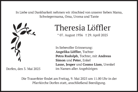 Todesanzeige von Theresia Löffler von merkurtz