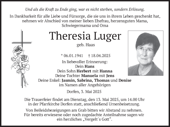 Todesanzeige von Theresia Luger von merkurtz