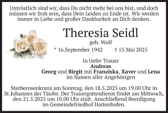 Todesanzeige von Theresia Seidl von merkurtz